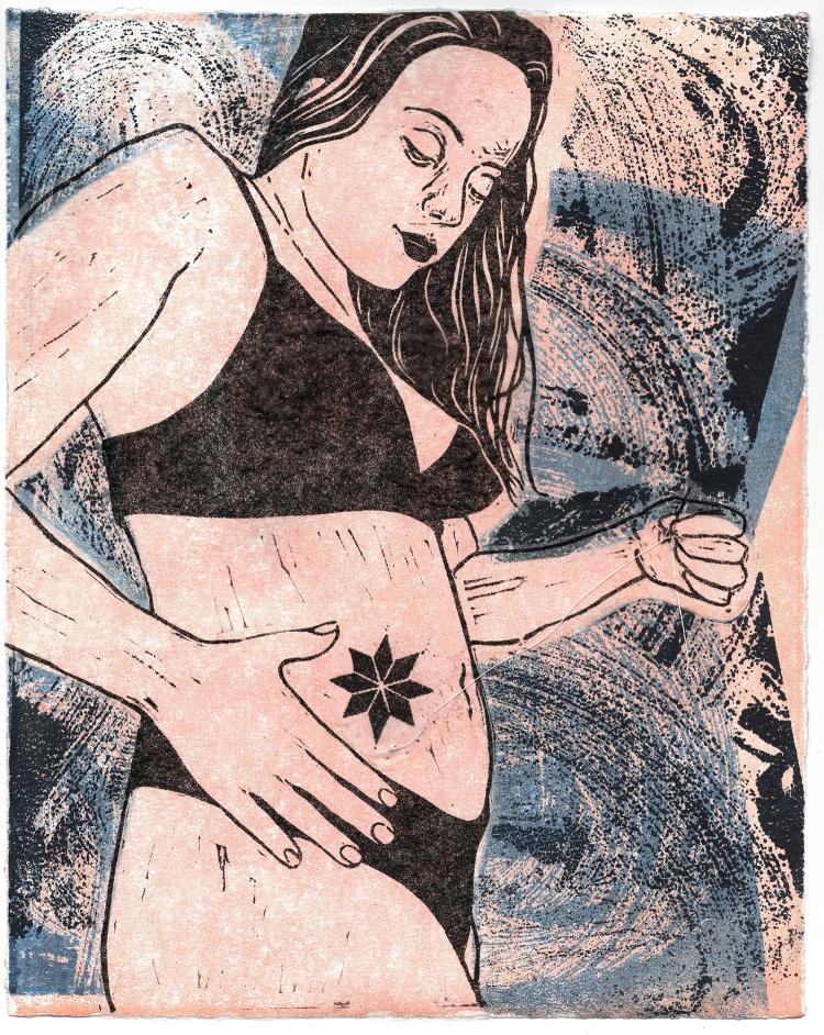 “Seeking Guidance”, 2020 Relief, Monotype, Collage, and Thread on Paper, 8” x 10”