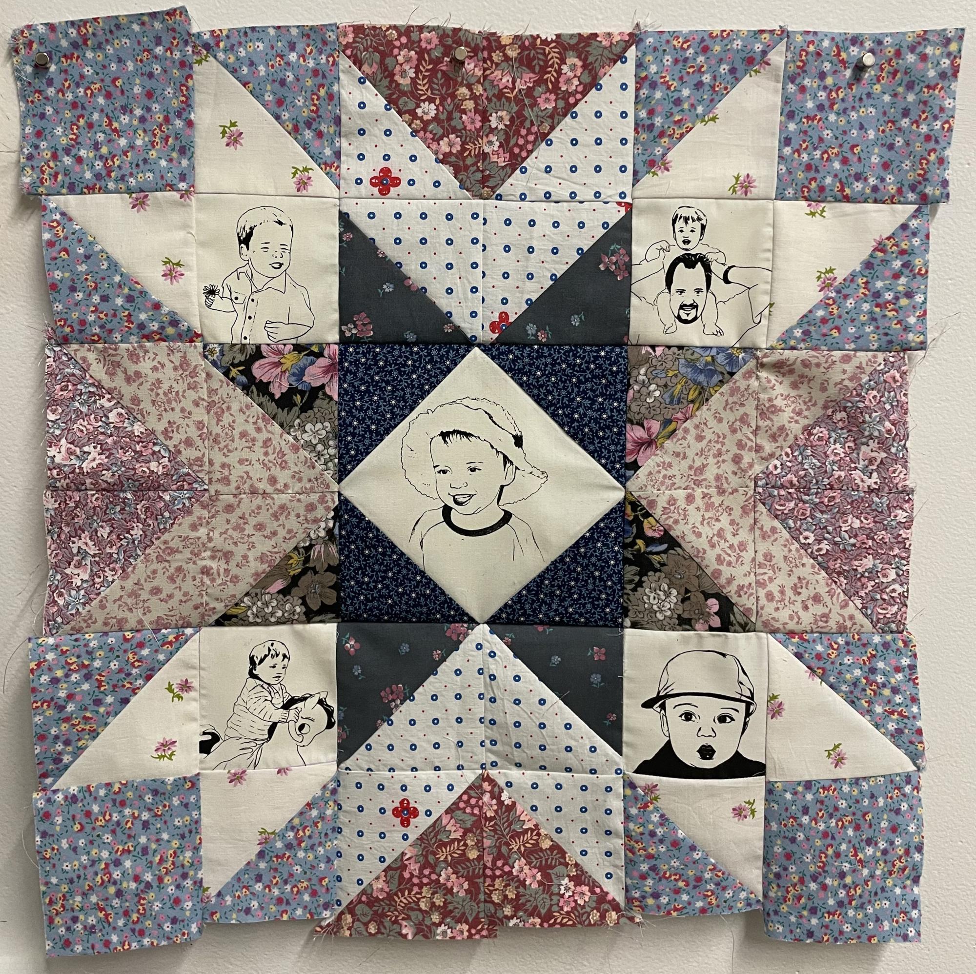 “A Patchwork Reflection II”, 2022 Screenprint on Fabric, Quilted, 18” x 18”