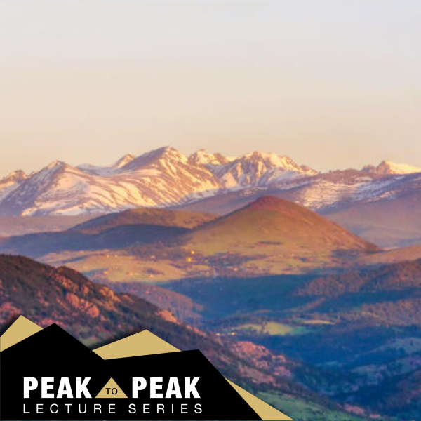 Photo of a mountain with the peak to peak logo