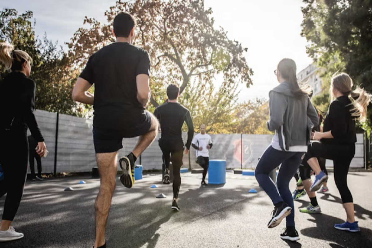 working out outside; group class