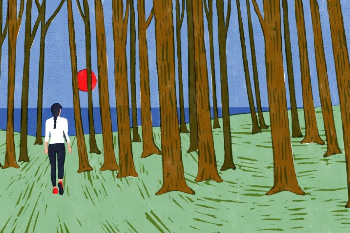 Illustration of a person walking through the woods