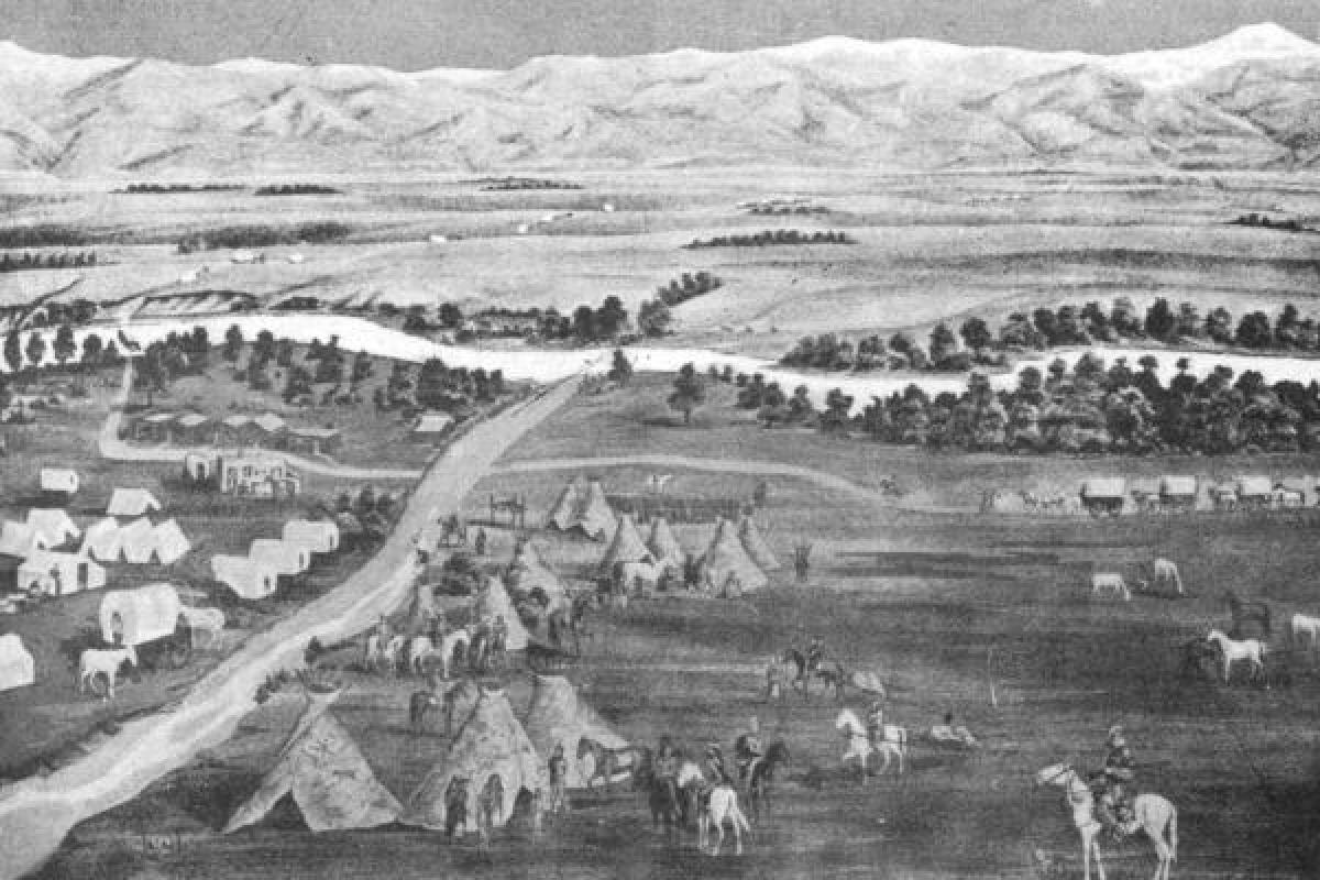 Arapaho camp across Cherry Creek from the gold seekers camp in 1858.