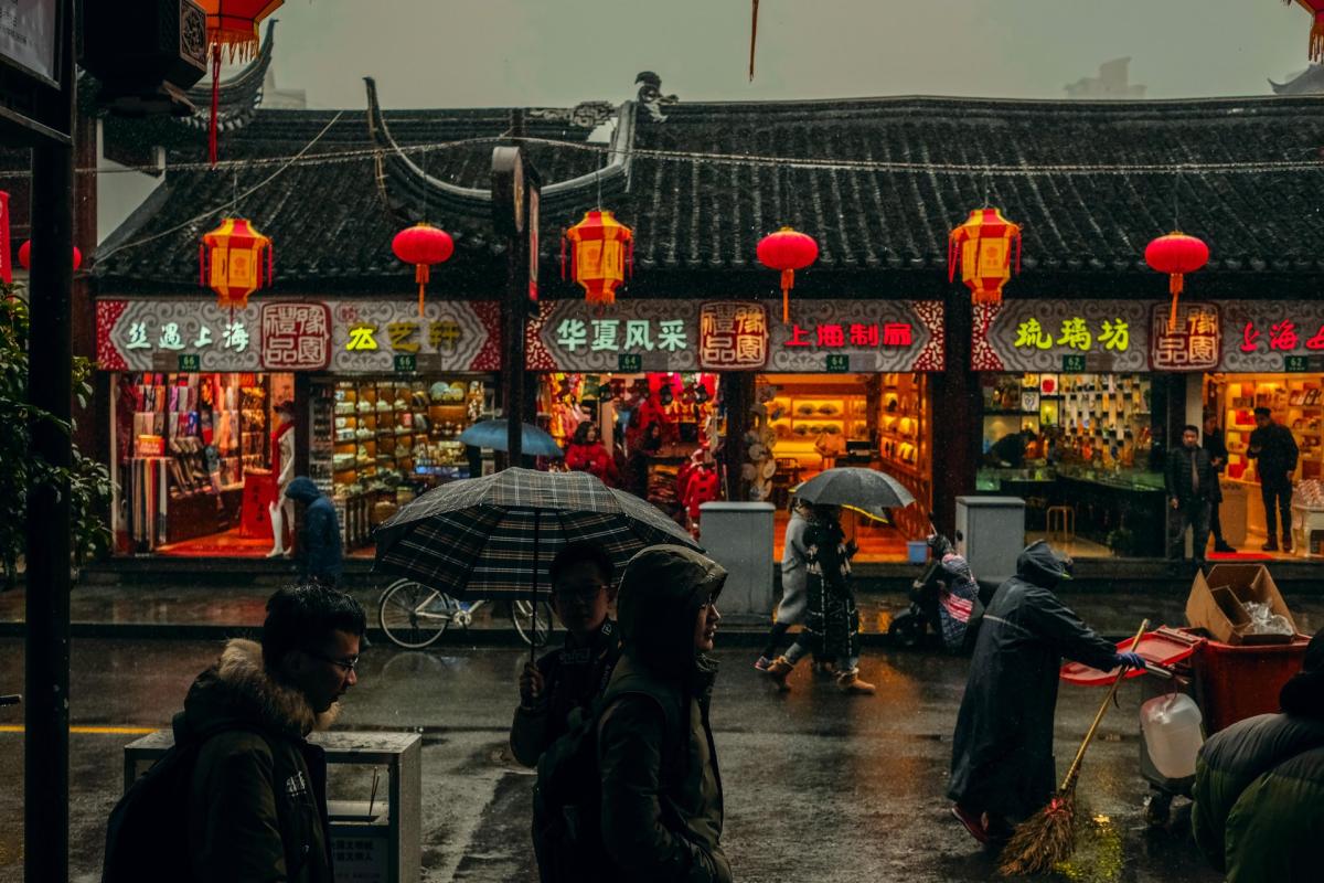 A bustling city block in Shanghai, China.