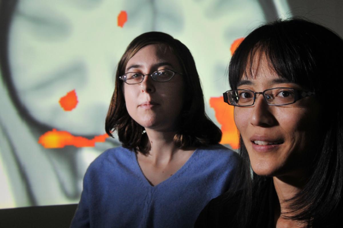 Two professors in front of a brain