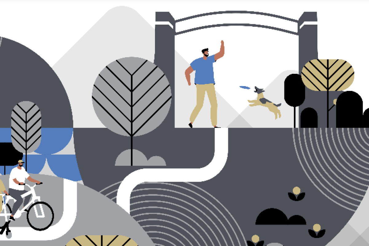 Illustration of people riding their bikes through a park