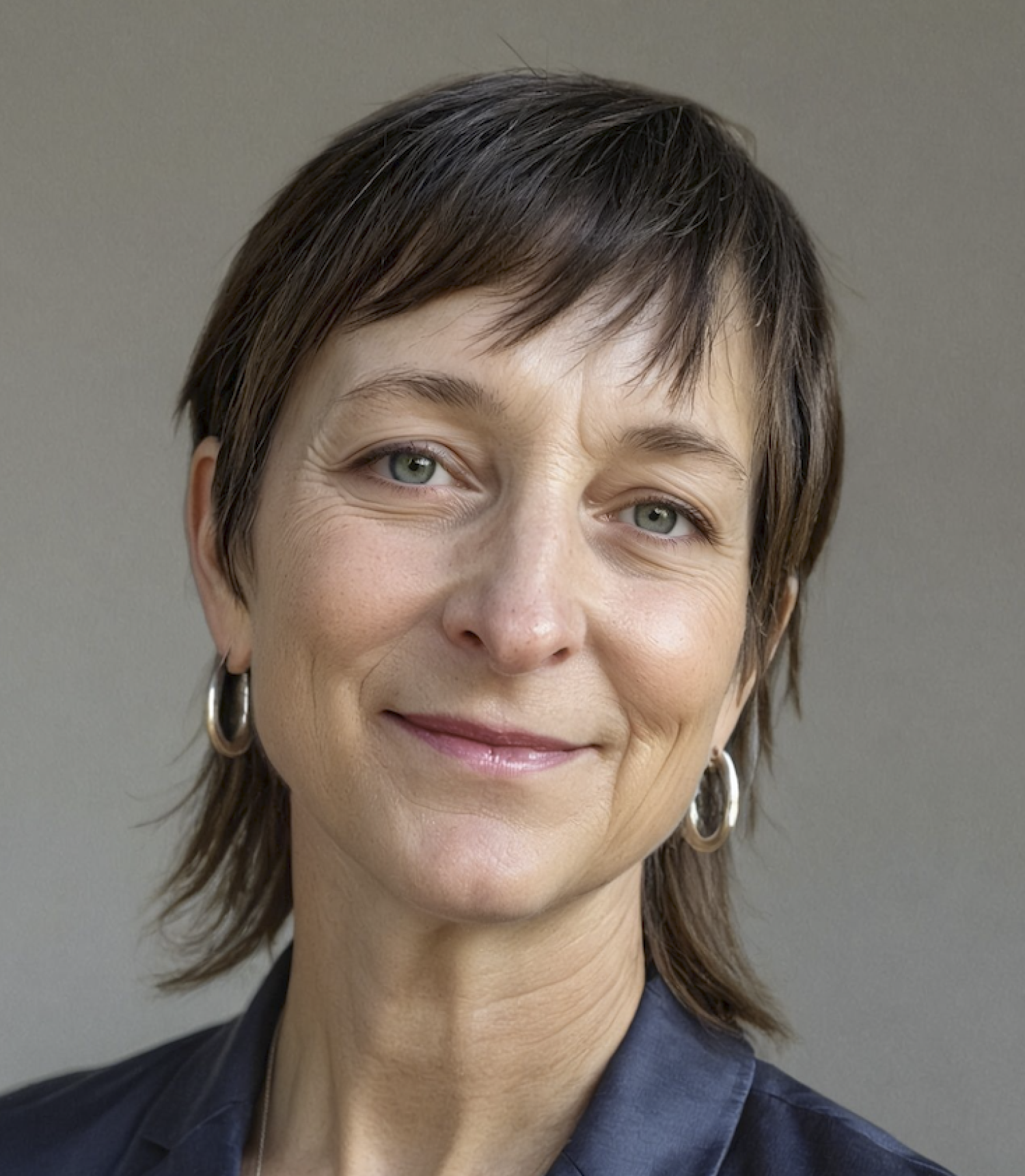 Julie Chiron has short brown hair and is wearing earrings and blue shirt.