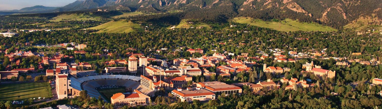 An aerial view of CU Boulder's campus on a sunny day.