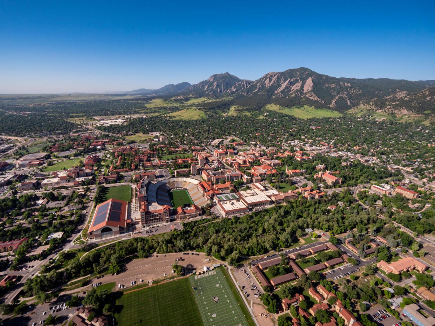 Boulder and the university campus are seen from above.