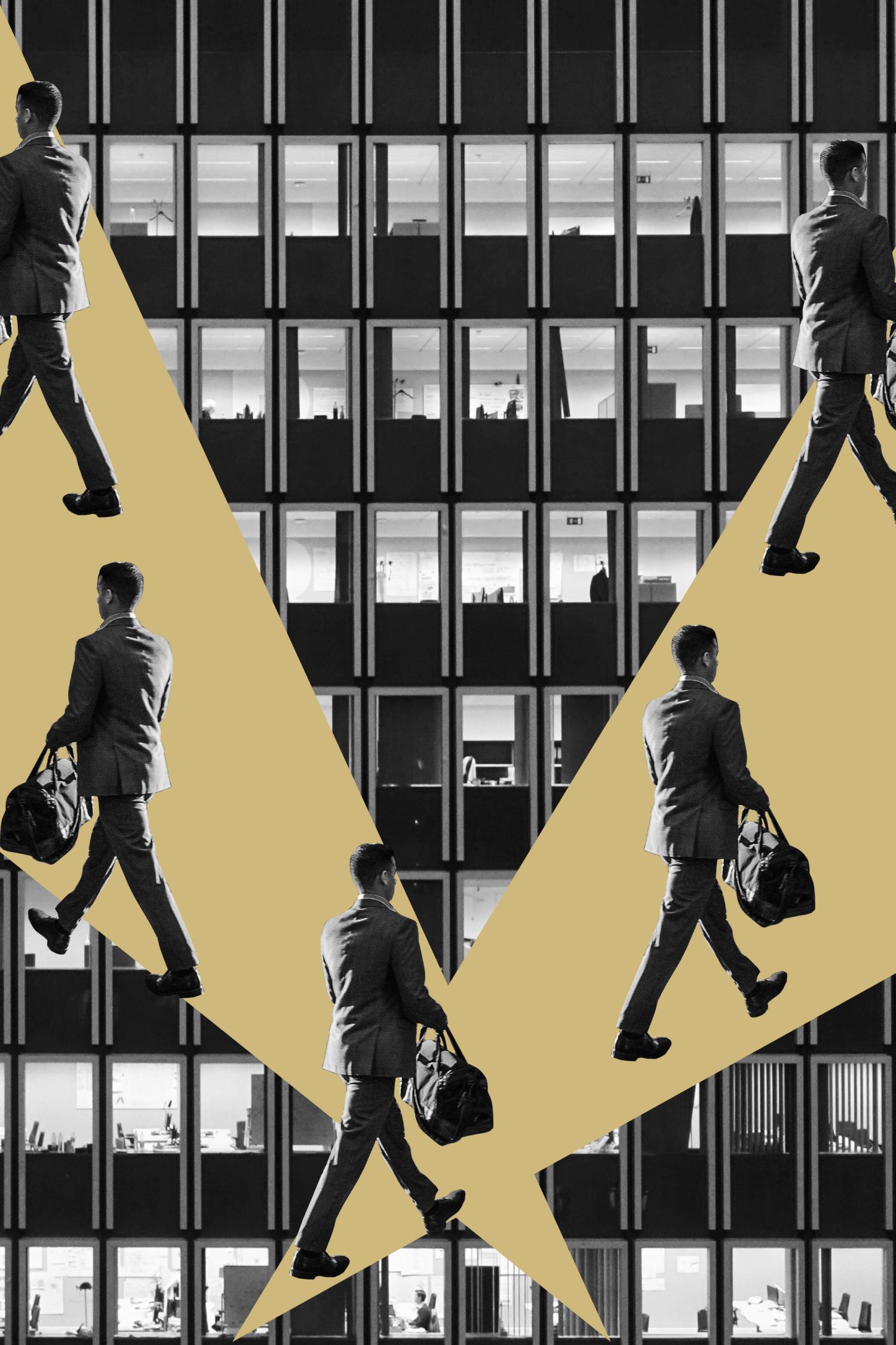 Men carrying briefcases appear to walk in opposite directions of a sky rise building.