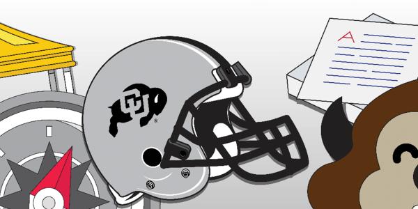fall welcome - graphics: buffs helmet, ralphie, paper with an A