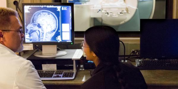 Two researchers looking at brain scans.