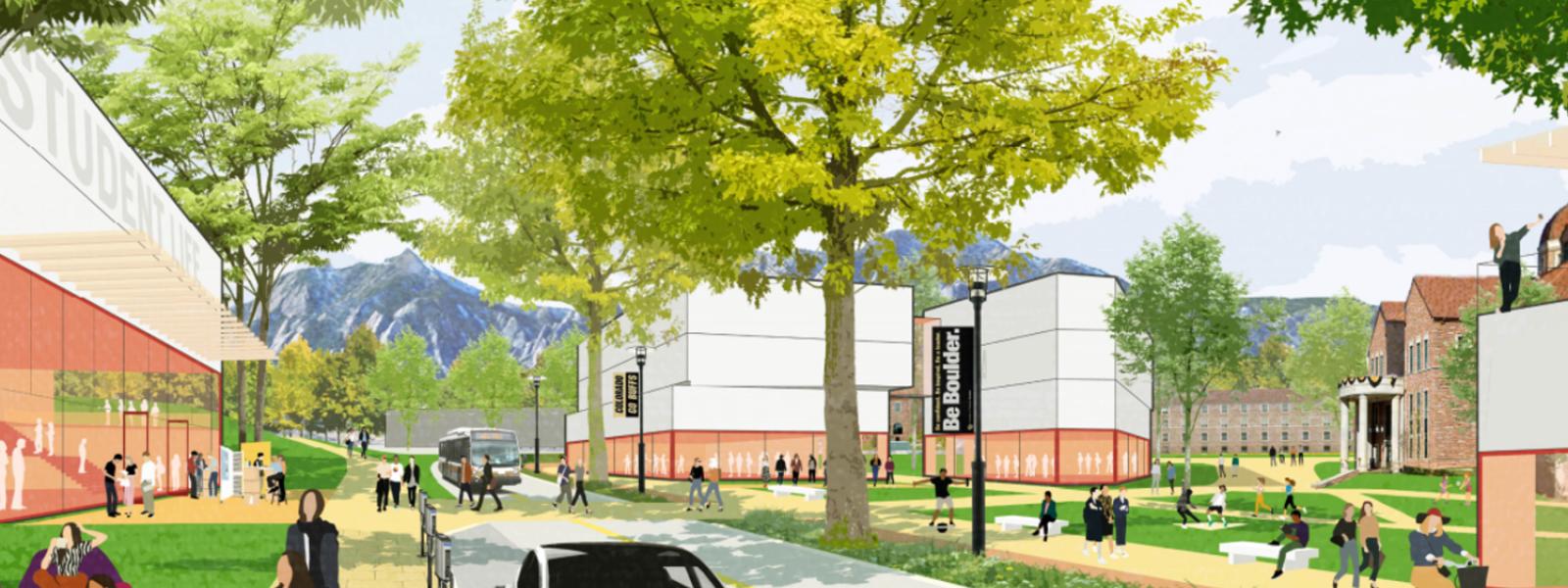 A rendering of the new quadrangle shows students wandering through green spaces.