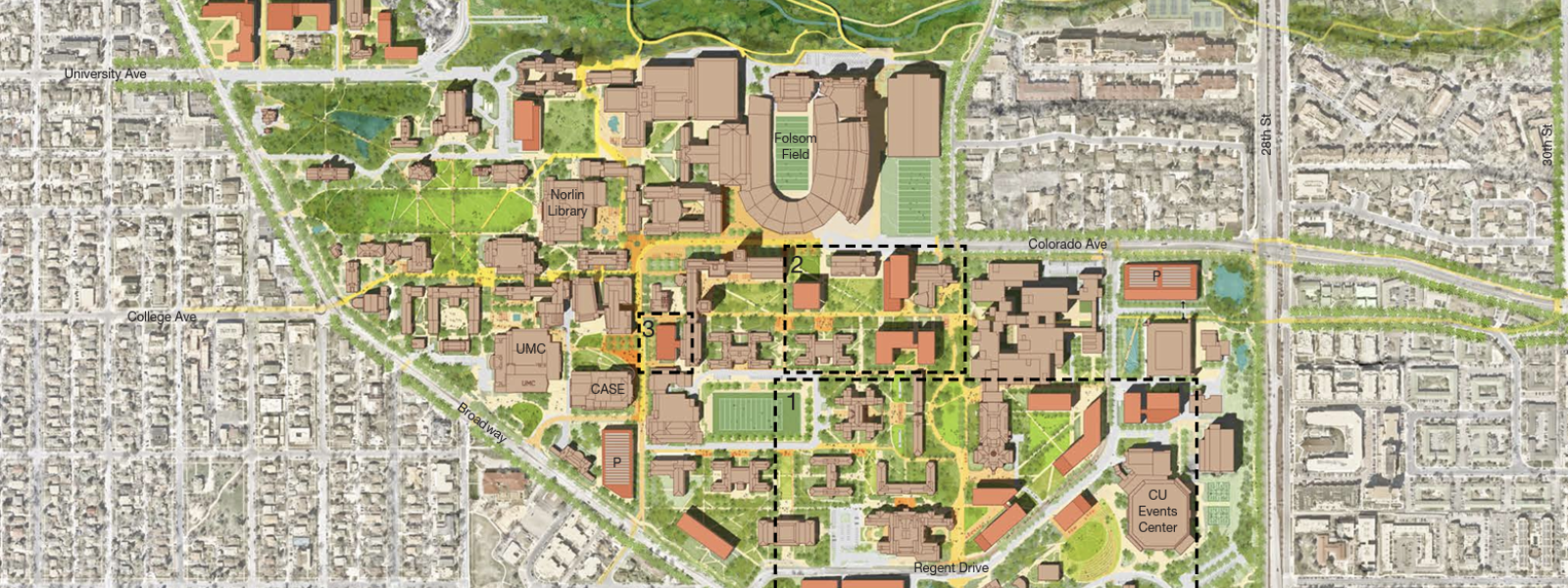 a campus map shows the master development plan of the primary portion of campus.