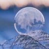 A small glass globe with a snowflake etched into the side sits in a picturesque snow bank.