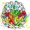 brain outline with multi-colored paint splotches