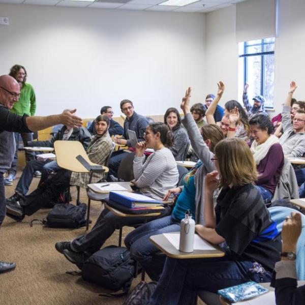 Mark Leiderman, professor and chair of the CU-Boulder Department of Germanic and Slavic Languages & Literatures, calls on a student during class. Born and educated in Russia, Leiderman contends that the 2015 Nobel Prize in Literature, awarded to Belarusian author Svetlana Alexievich, underscores the importance of Russian Studies. He notes that Russian studies are expanding at CU.