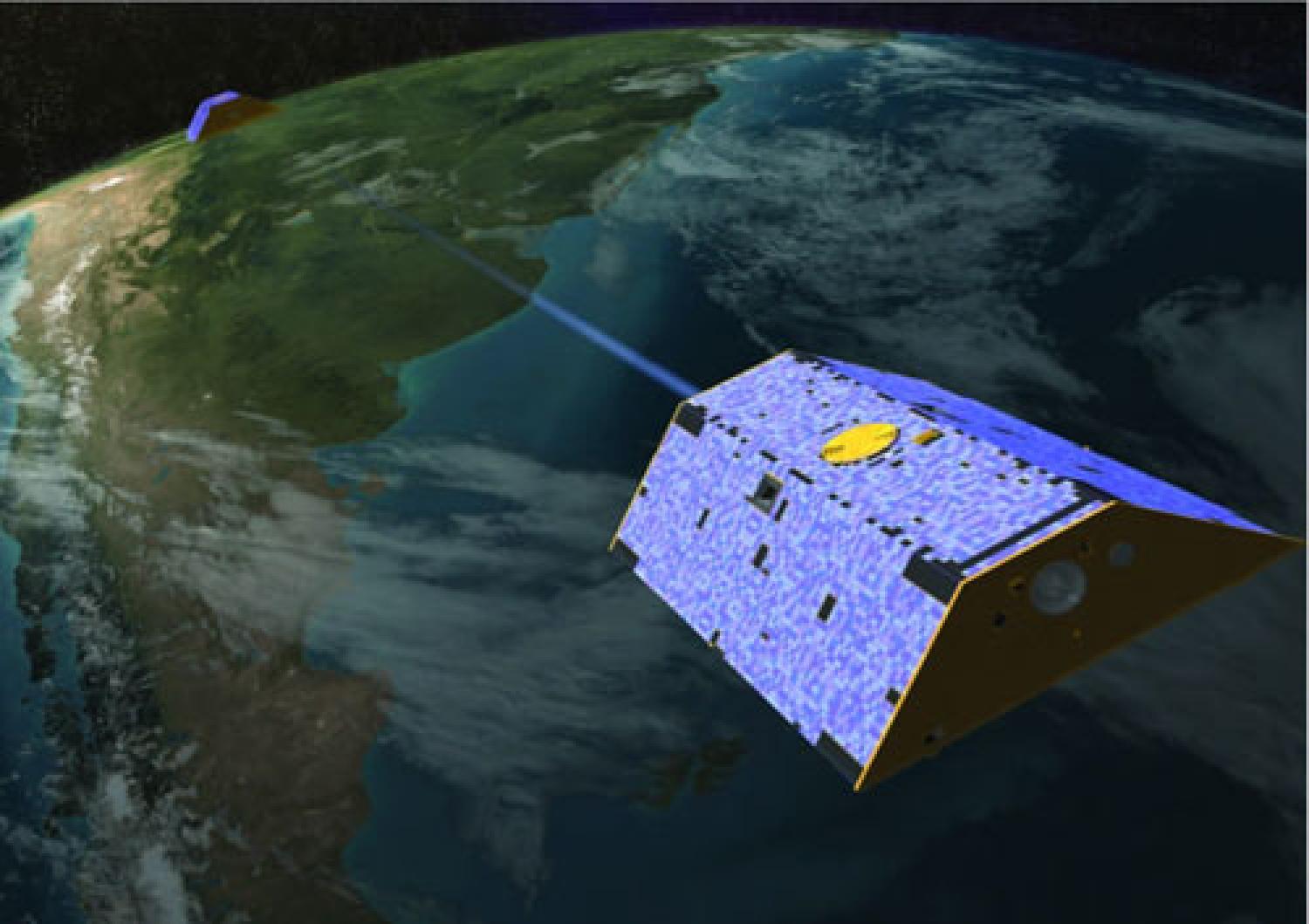 Illustration of the NASA Gravity Recovery and Climate Experiment, or GRACE. Image courtesy of NASA.