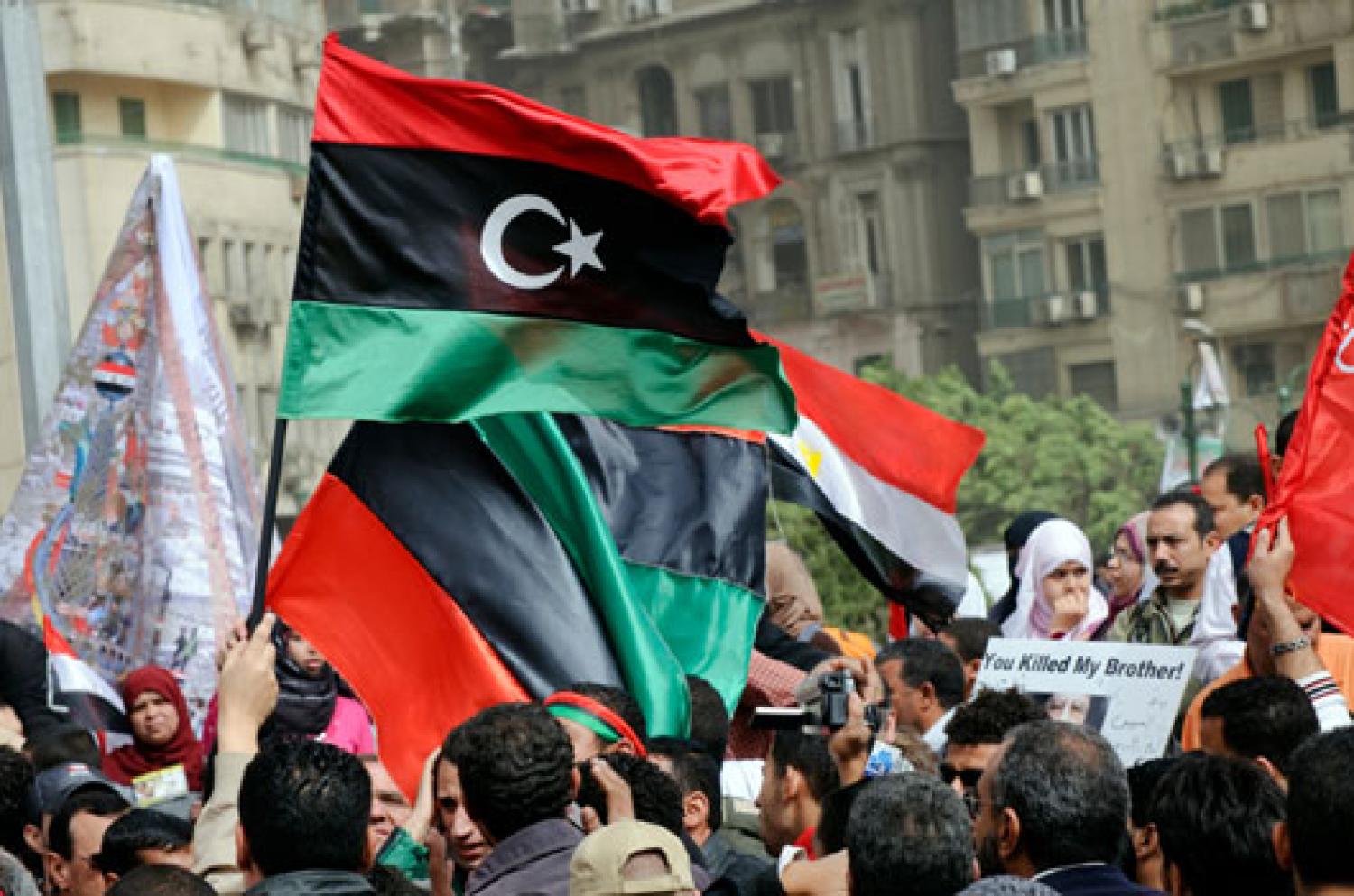 Protester gather at an anti-Qaddafi demonstration in Cairo, Egypt.