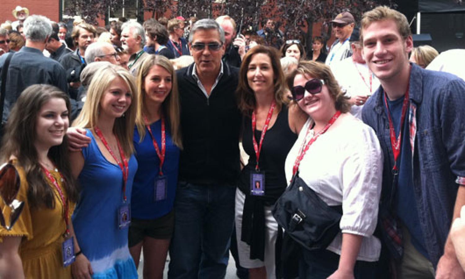 George Clooney, center, and Janet Robinson, to his left, pose in Telluride with members of Robinson's CU-Boulder class, part of Libby Arts Residential Academic Program.