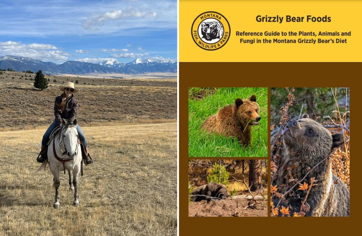 Sabrina Bradford on horseback in Montana and book cover of grizzly bear diet guide