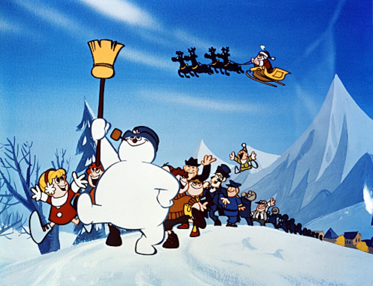 Scene of Frosty marching with children from animated Frosty the Snowman