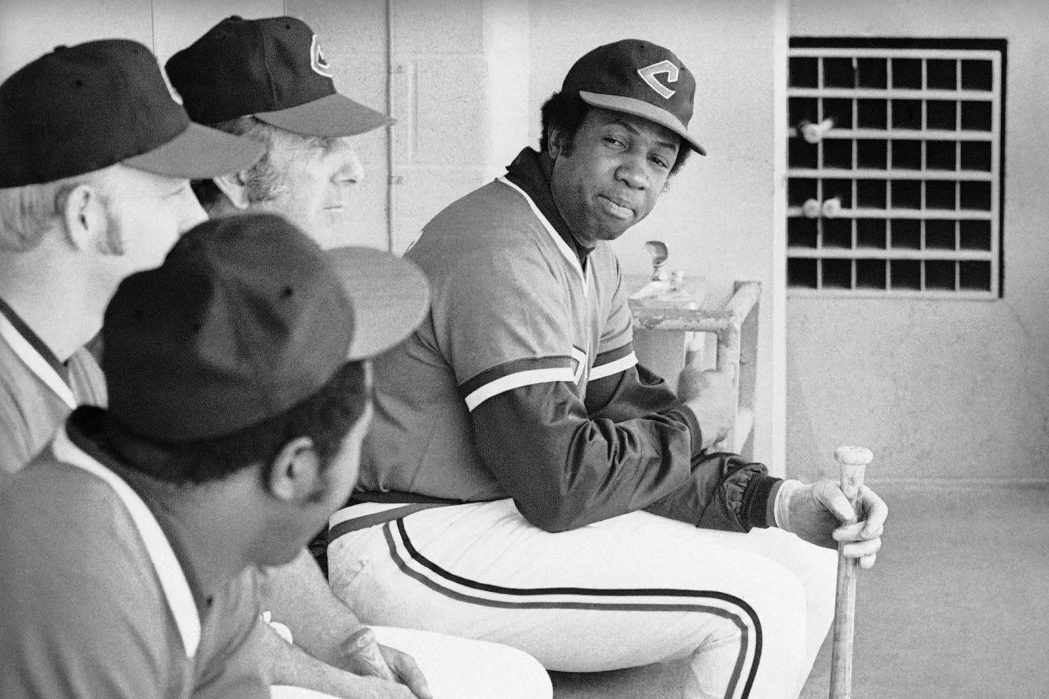 Frank Robinson in Cleveland Indians dugout in 1975
