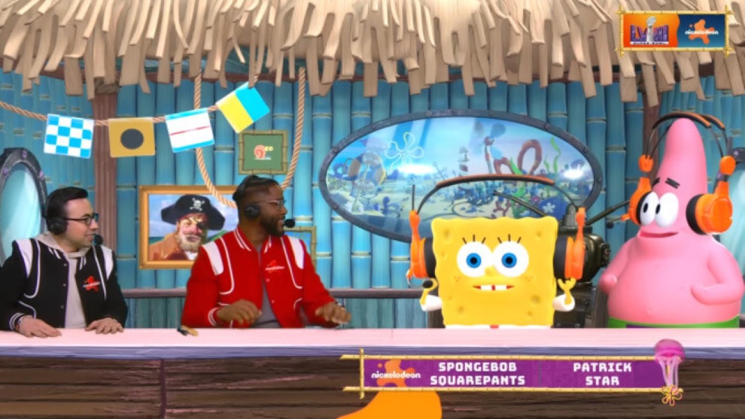 Noah Eagle, Nate Burleson, SpongeBob SquarePants and Patrick Star announcing Super Bowl LVIII