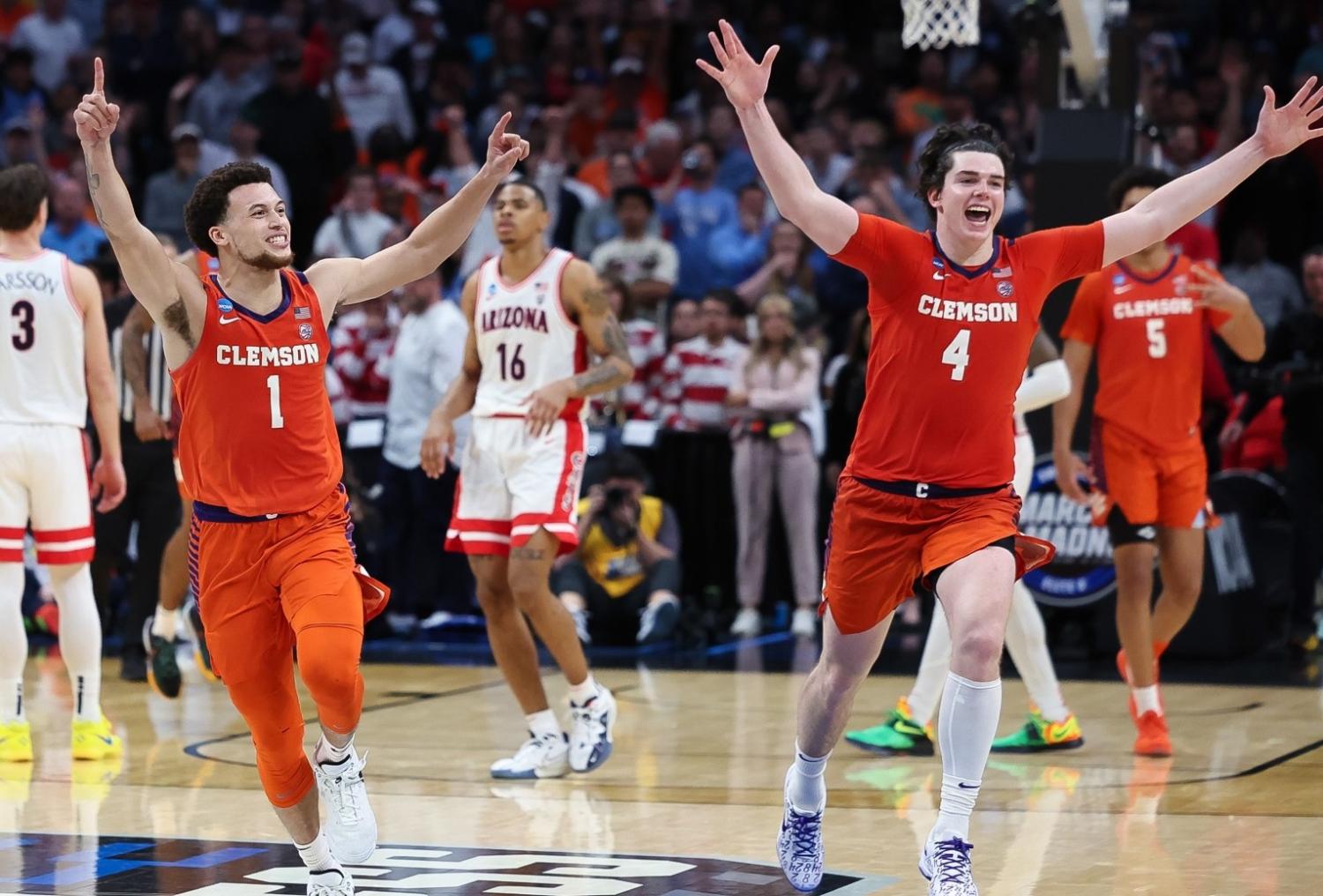 Elated Clemson players celebrate win over Arizona players