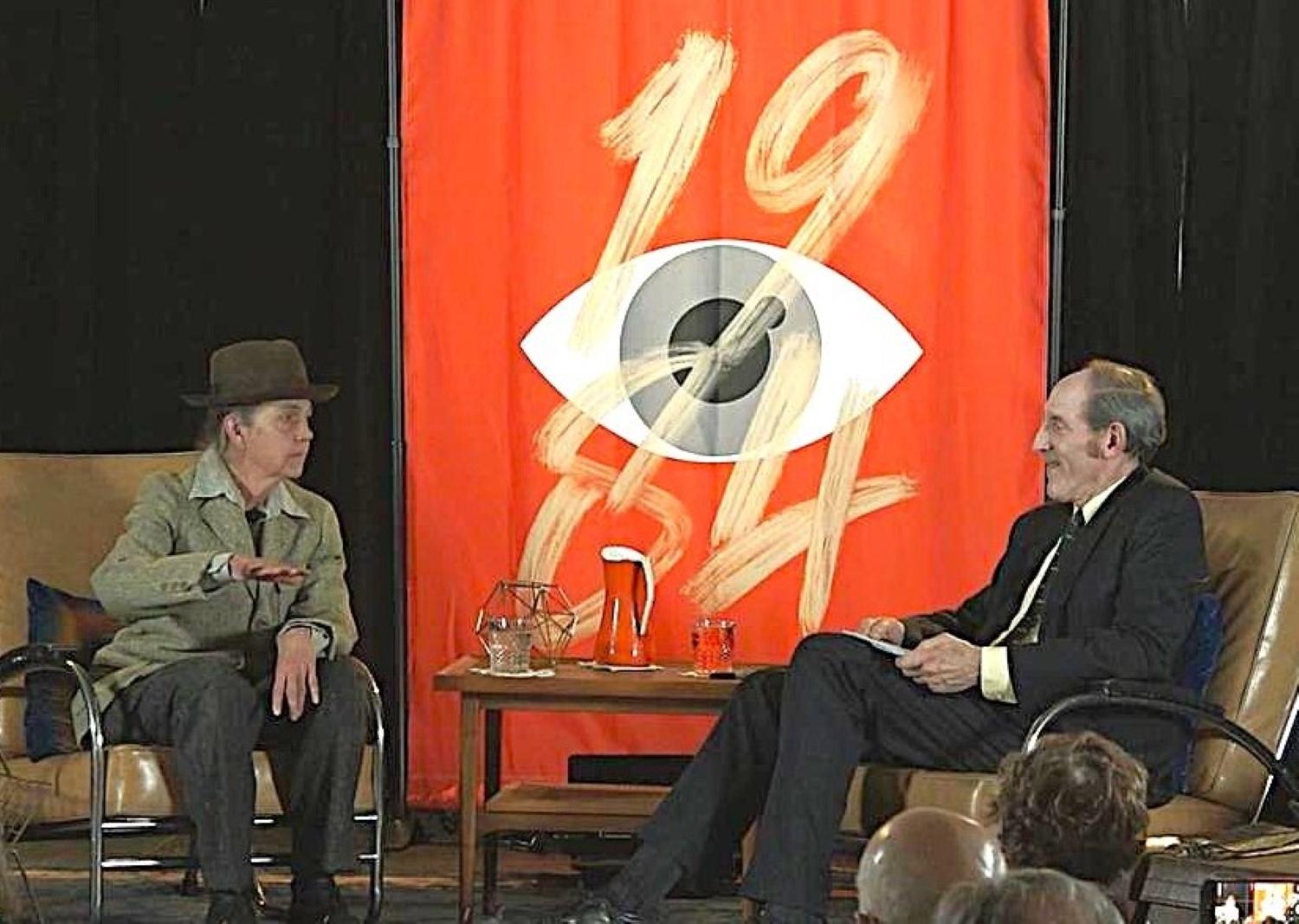 Patty Limerick as George Orwell and Aaron Harber onstage