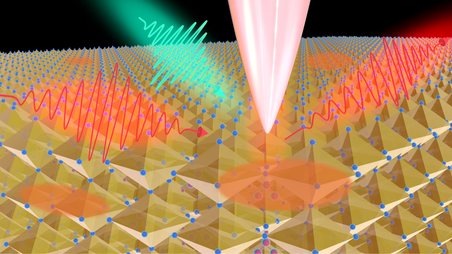 illustration of laser pulses hitting nanotips over perovskite material