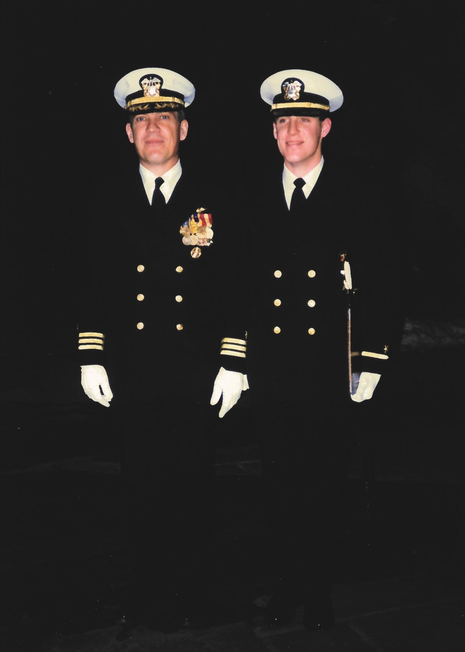 Stephen Koehler in U.S. Navy blue dress uniform with his father, wearing the same