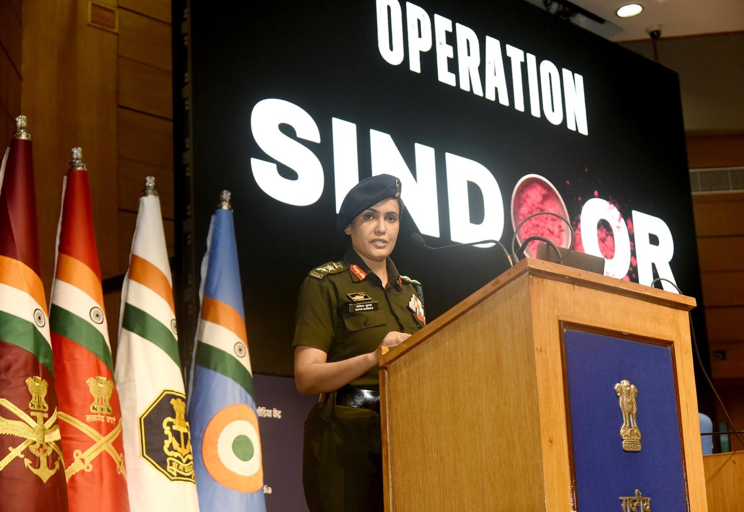 Colonel Sofiya Qureshi, addressing the media on ‘Operation Sindoor’ at National Media Centre, in New Delhi on May 07, 2025