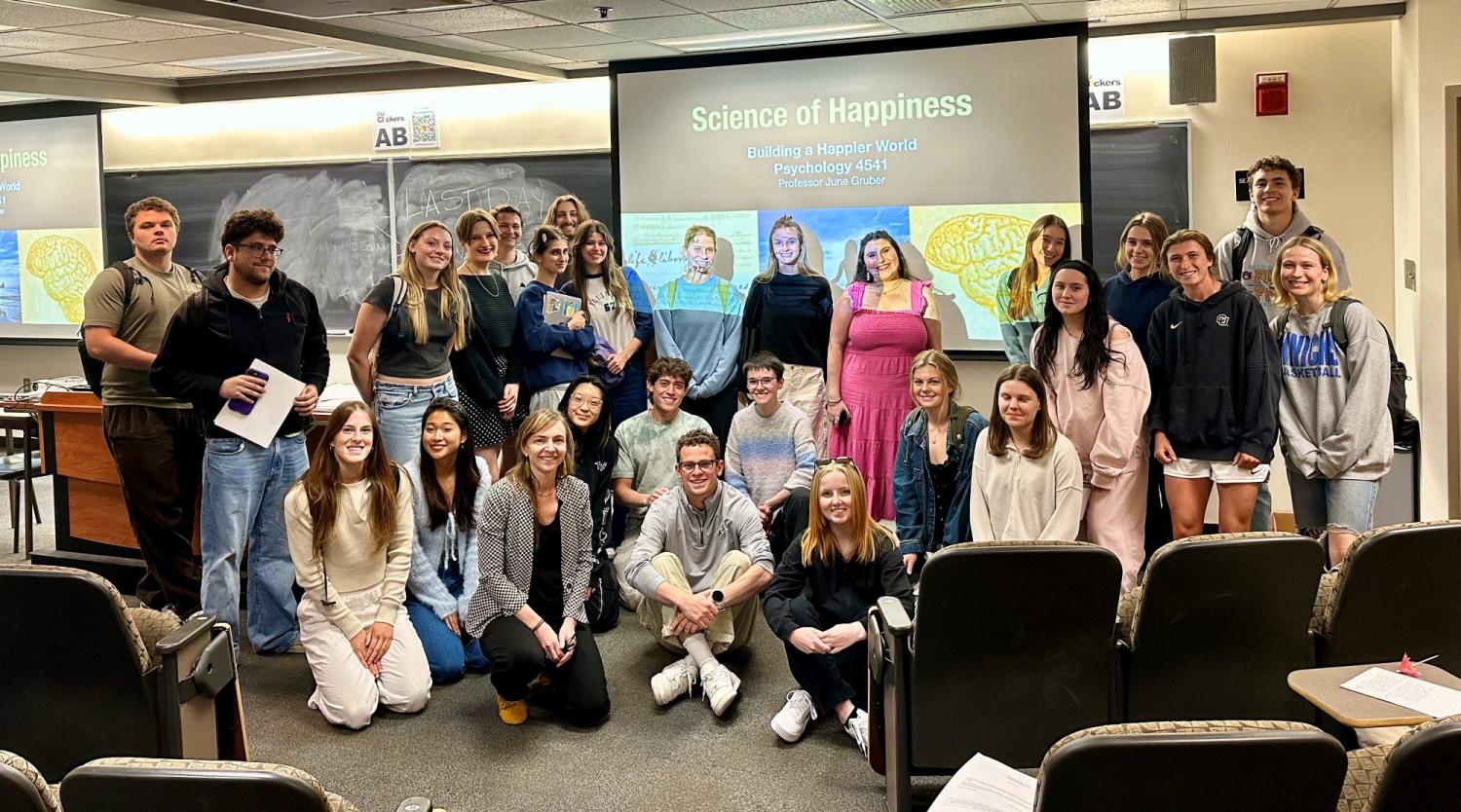 Spring 2025 Science of Happiness class members with June Gruber