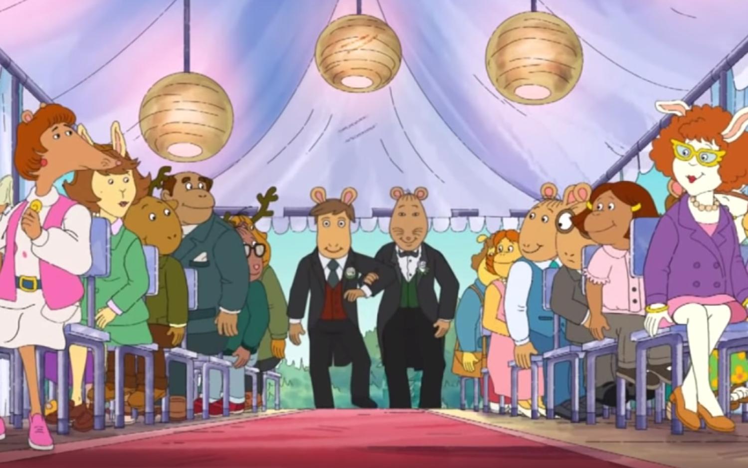 two male, animated rat characters getting married on cartoon show "Arthur"