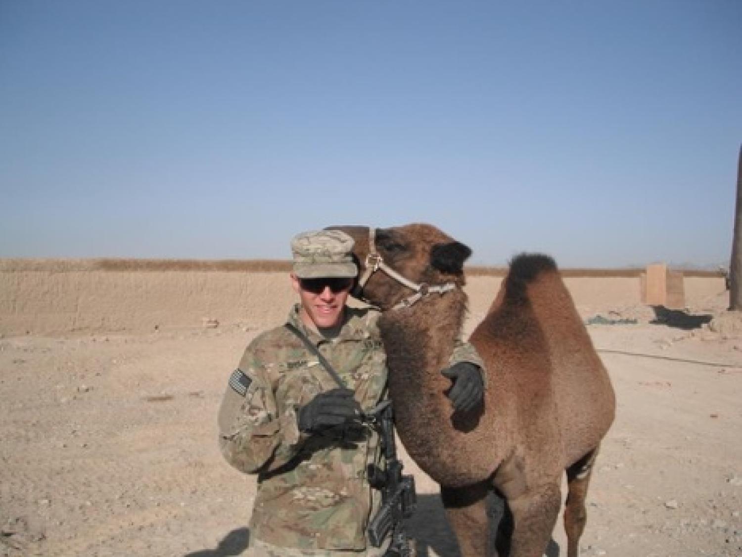 Benjamin Blume in battle dress uniform with a brown camel