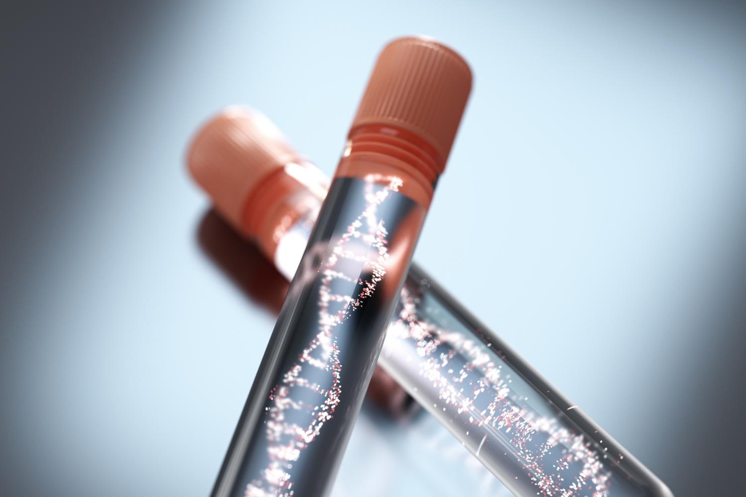 photo illustration of DNA strands contained in rubber-stopped glass beakers