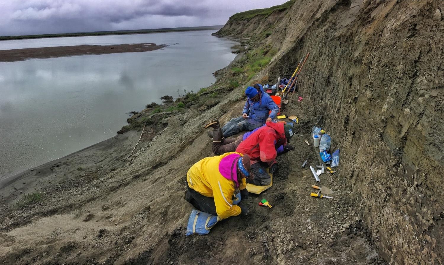 archaeologists digging on riverbank in Alaska
