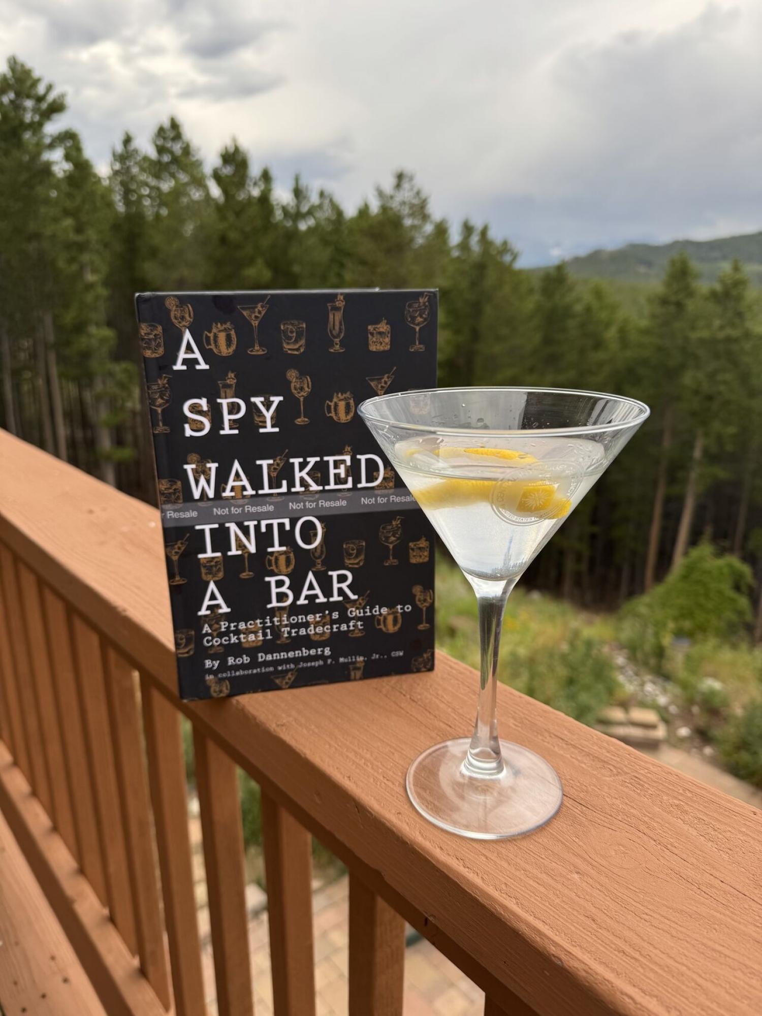 martini and book A Spy Walked Into a Bar on a wooden deck rail