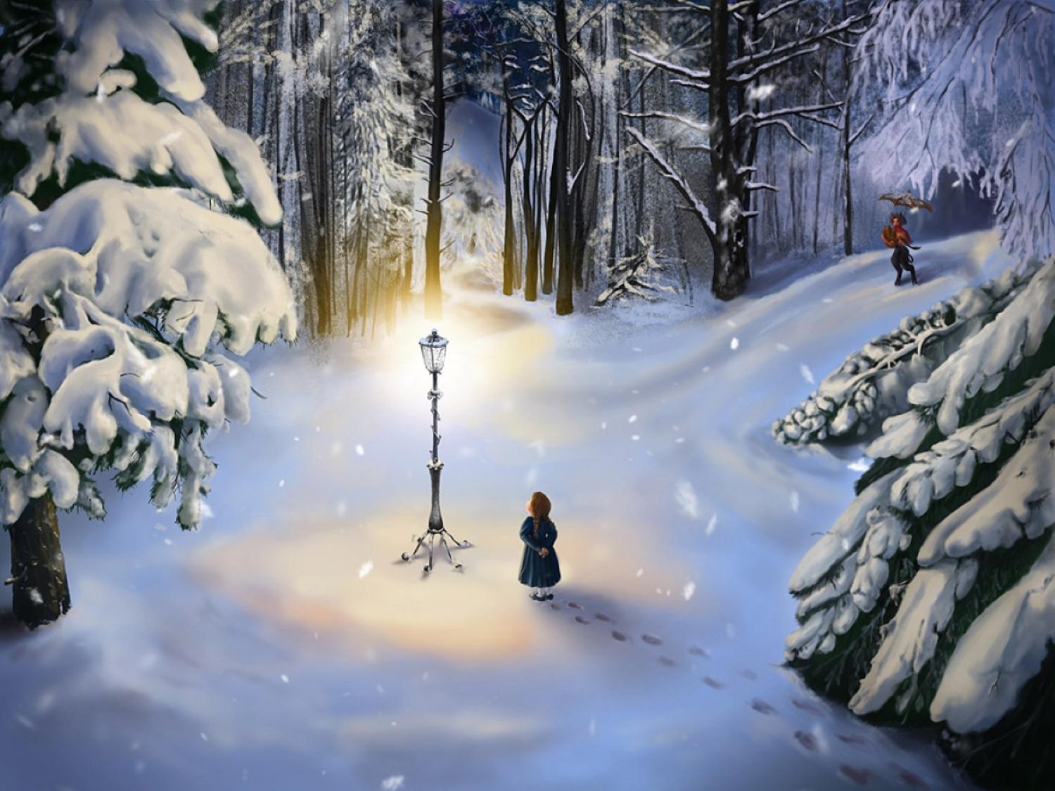 illustration of Lucy at lamppost in The Lion, the Witch and the Wardrobe