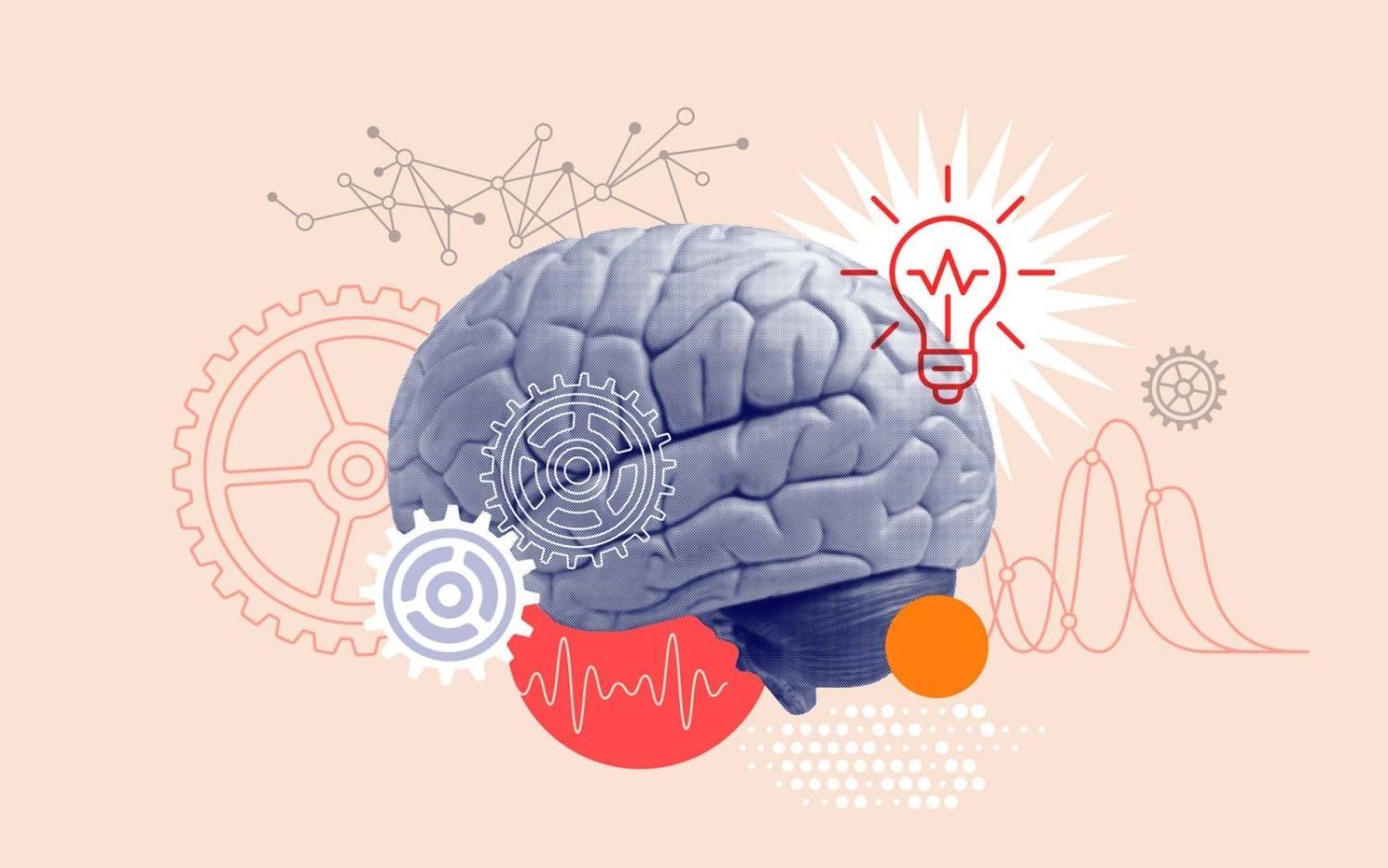 illustration of brain with gears and lightbulb