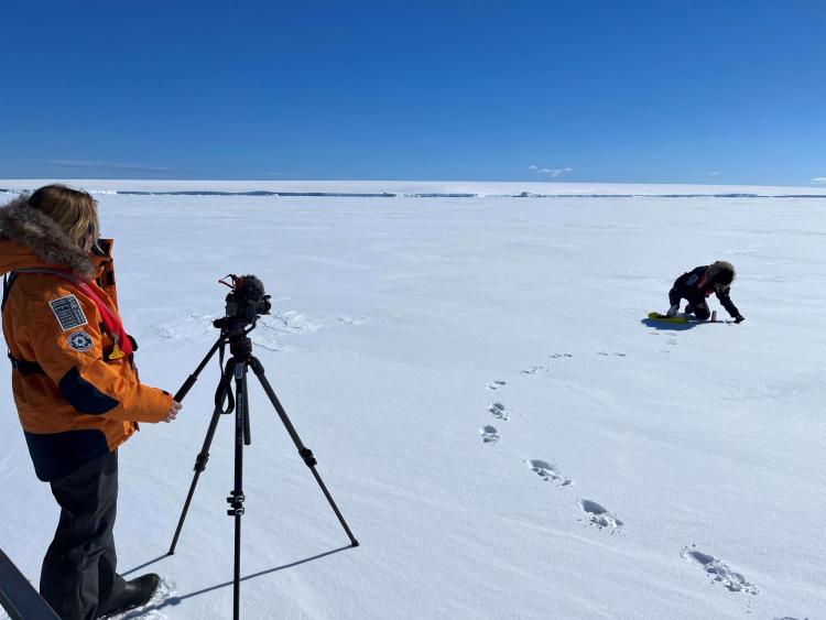Cassandra Brooks filming Ulyana Horodyskyj Peña in Antarctica