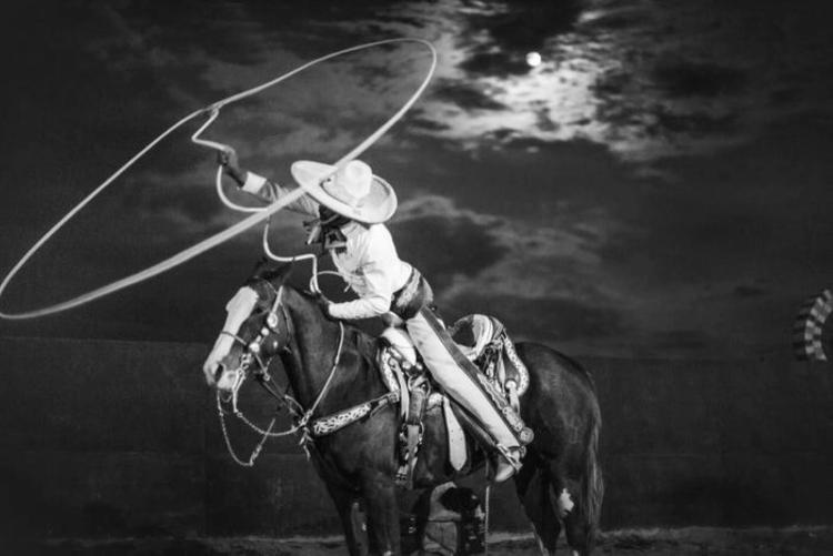 Mexican rodeo performer on horse with lasso