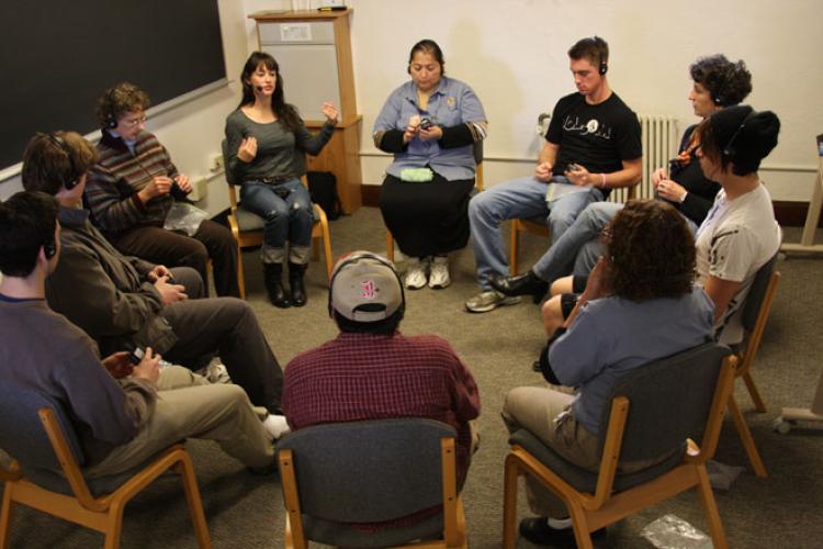 Pilar Prostko (center-left) begins to facilitate a group dialogue session at the University of Colorado.