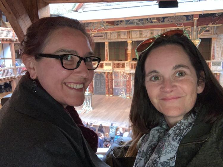 Heidi (left) and Amanda (right) seated inside Shakespeare’s Globe.