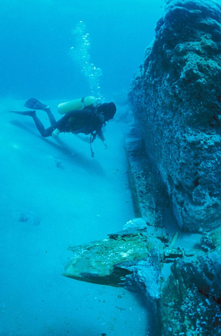 A massive concrete block, discovered under the water in the harbor of Caesarea Maritima, Israel.