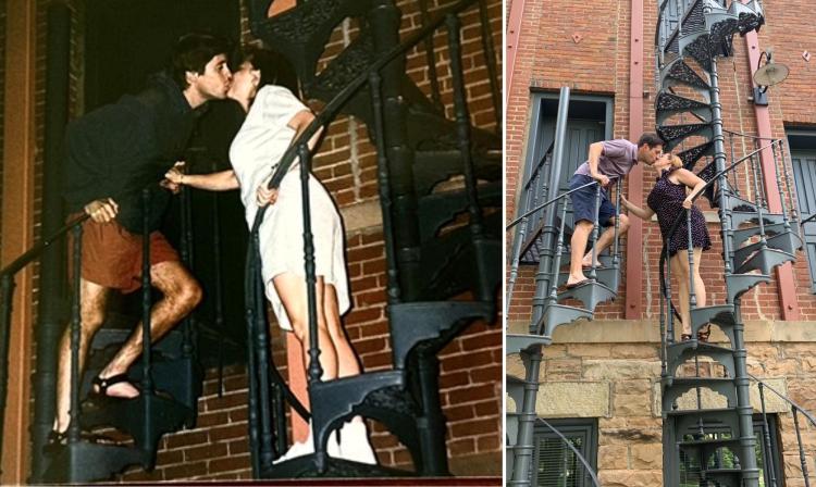 Mark and Debbie Baker kissing on stairs at CU Old Main