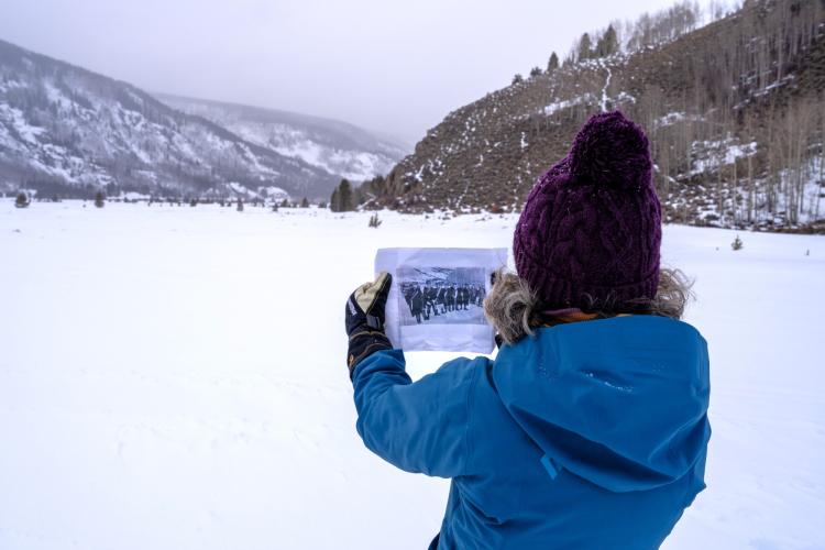 Carole McGranahan locating Dumra at Camp Hale
