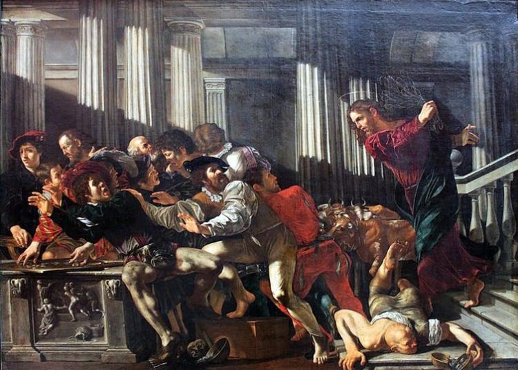Caravaggio’s depiction of Christ driving money changers out of the temple. Wikimedia Commons, FAL
