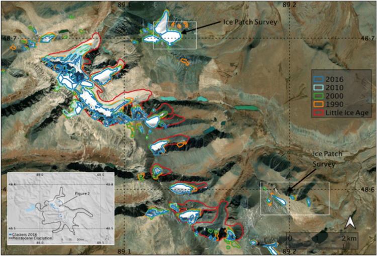 Satellite photos show the extent of glacier and ice melting in the author’s western Mongolia study zone over less than three decades. Taylor, W., Hart, I., Pan, C. et al. High altitude hunting, climate change, and pastoral resilience in eastern Eurasia. Sci Rep 11, 14287 (2021)., CC BY
