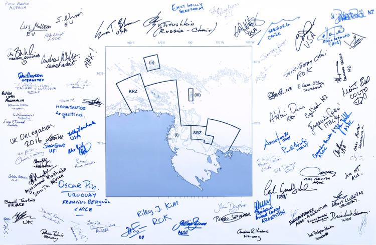 Map of Ross Sea MPA signed by those present during the negotiations.